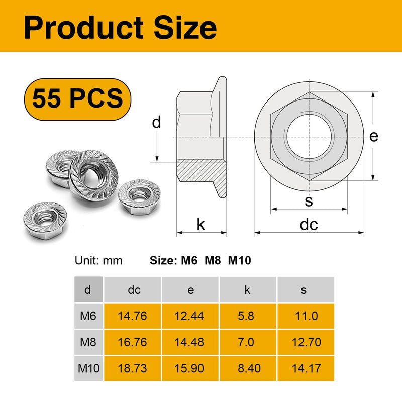 55Pcs Flange Nut Assortment Kit - Metric M6, M8, M10 Stainless Hex Flange Nuts Steel for DIY Projects, Automotive Repairs, and Home Improvement MIX-55PCS - NewNest Australia