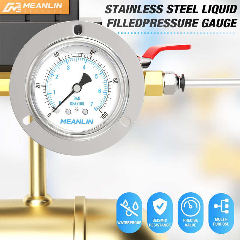 MEANLIN MEASURE 0~100Psi Liquid Filled Pressure Gauge Front Flange Panel Mount, 1/4" NPT 2.5" FACE DIAL Stainless Steel Case with Phillips Screw and Nut, +/-3-2-3% 0-100Psi