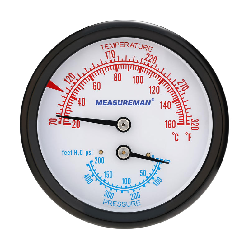 MEASUREMAN Commercial Tridicator Boiler Gauge Kit, 2.5" Dial, 0-200 PSI (ft H₂O) & 70-320°F, 1/4" NPT Back Mount with 1/2" NPT Adapter and O-Ring（2.95'' Stem） 0-200 PSI 60-320°F 2.95'' Stem,with 1/2" NPT Adapter