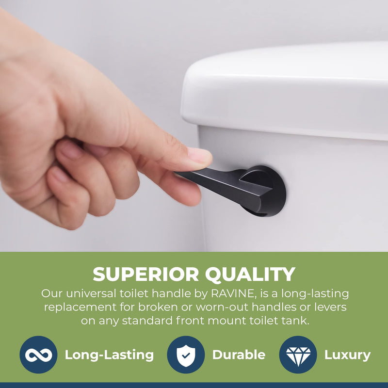 RAVINE Universal Toilet Handle Lever Replacement - Zinc Modern Black Toilet Handle with Brass Arm - Front Mount Toilet Flush Lever Compatible w/Most Toilet Tanks - Rubber Gasket Included