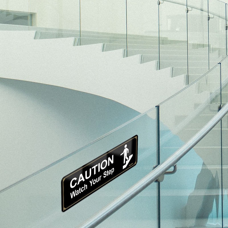 4 Pack Caution Watch Your Step Sign for floor, Acrylic with Symbols Self-adhesive for Home and Business Restaurants Offices 9"x3" Black Gold Easy to Mount Outdoor or Indoor Use Black Caution Watch Your Step black+white+gold