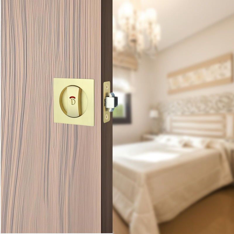 CozyTower Pocket Door Lock, Pocket Door Hardware Square Door Lock for Privacy Sliding Door Bifold Door Locks Pocket Door Pull Handles Replacement Hardware(Brushed Gold, Privacy Lock with Indicator) Brushed Gold