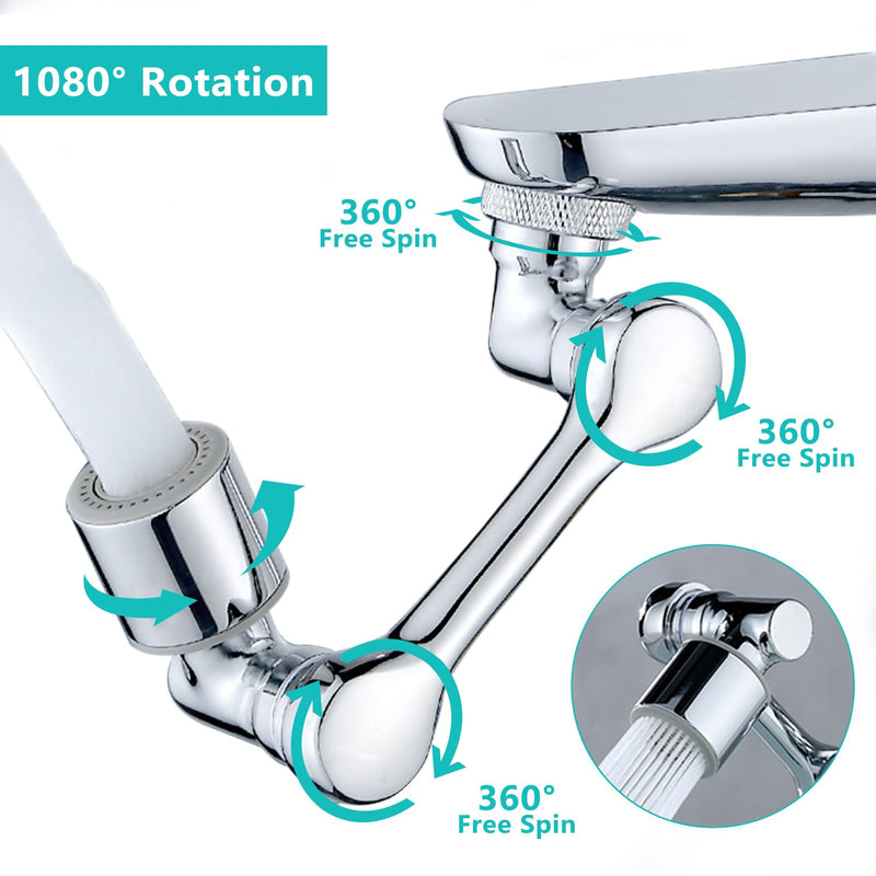 1080°Swivel Faucet Extender, Sink Water Faucet Aerator Extension in Brass, Swivel Robotic Arm Bathroom Faucet Extender, Kitchen Rotating Extension Filter with 2 Mode Splash Silver-1080°