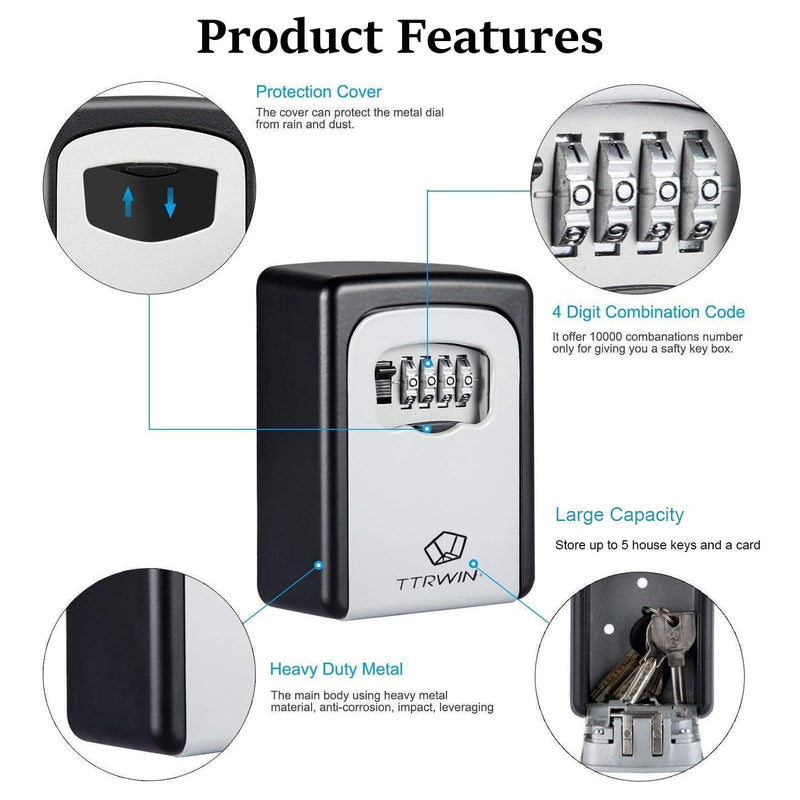 TTRWIN Key Lock Box for Outside, Resettable 4 Digit Combination Waterproof Lockbox, Key Safe Storage Security Lock Box, 5 Keys Large Capacity Wall Mounted LockBox for House Key, ID Card, Garage Key Gray-003 1 Pack