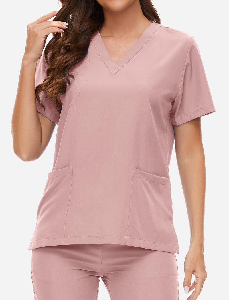 VIAOLI Scrubs for Women Set V-Neck Pocket Top & Drawstring Jogger Scrub Pants Stretch Nursing Scrubs Set Uniform Pink Medium