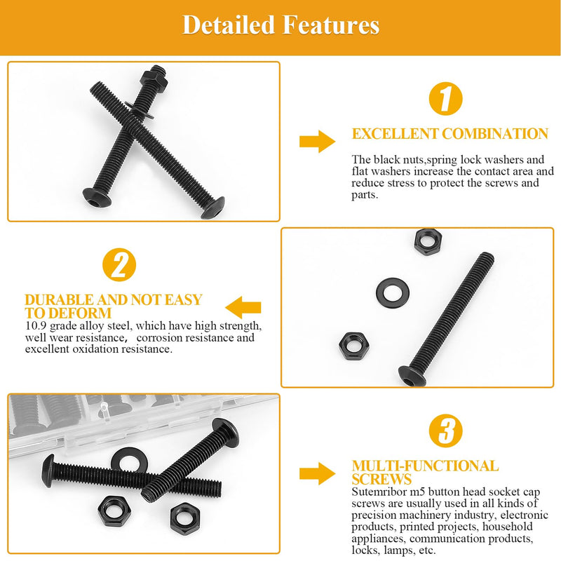 105 Pieces M5 x 30/35/40/45/50mm Button Head Socket Cap Screws Nuts Washers Set Black, Sutemribor M5 Long Screws, M5 Black Screws Nuts Washers Assortment Kit, 10.9 Grade Alloy Steel, Fully Threaded M5 Long Screws Kit