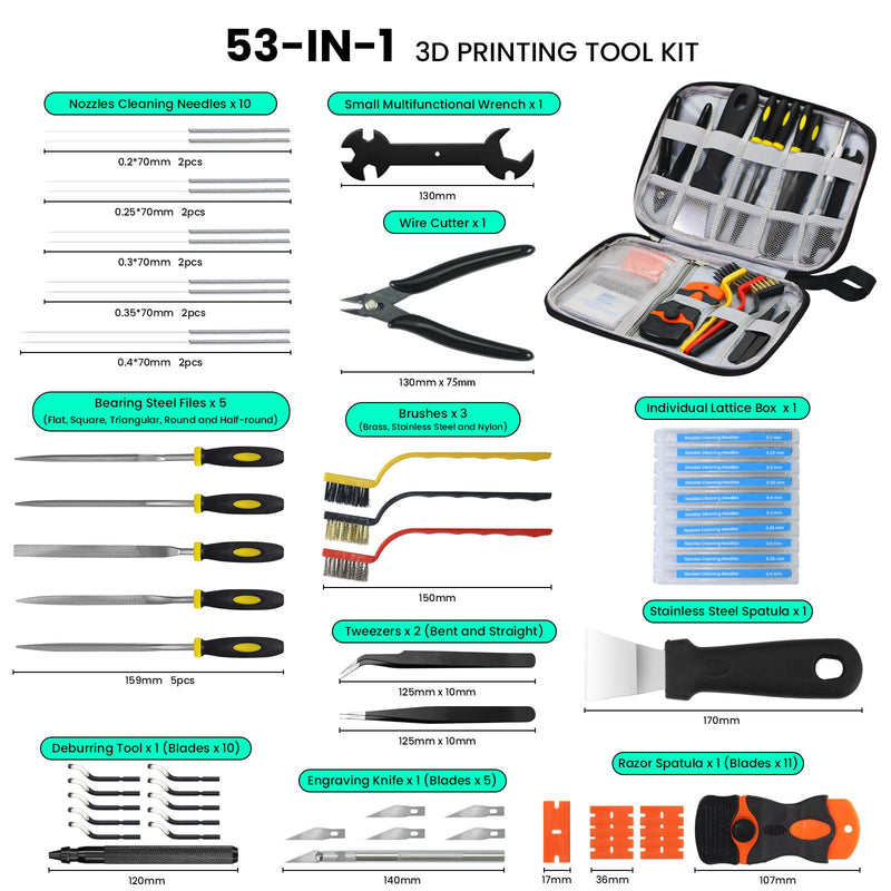 52 PCS Printer Accessories Tool Kit for 3D Printer, Compatible with FDM SLA Printing Machine, Includes Scraper, Tweezers, Nozzle Cleaning Needles, Deburring Tool, Flush Cutters for Beginner Printing | Complete set of accessories