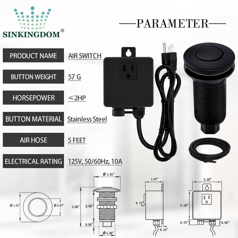 Garbage Disposal SinkTop Air Switch Kit with Long Button,Brass Made Cover,UL,Matte Black LONG/3.58"