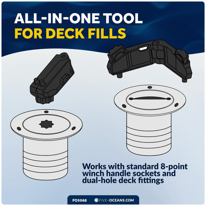 Five Oceans Adjustable Universal Deck Plate and Deck Fill Key – Marine Deck Fill Tool, 8-Point Winch Socket, Dual-Hole Fit, Adjustable to 4-5/16" (110 mm), Heavy-Duty Nylon