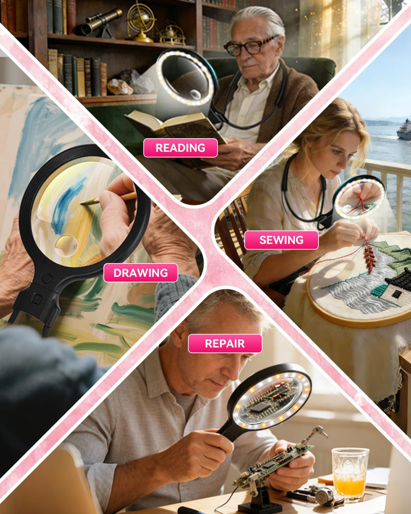 5.0 Upgraded Magnifying Glass Hand Free【12X German Ultra-HD Lens】【Cloud Sponge Neck Protection】 3 Smart Mode Light, All-Purpose Magnifying for Reading, Cross Stitch, Craft Seniors Use (Black) Black