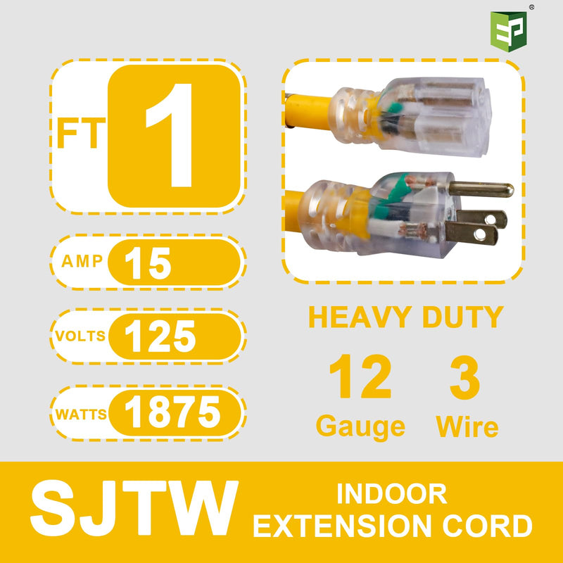 EP 1 ft Lighted Extension Cord - 12/3 SJTW Heavy Duty Yellow Extension Cable with 3 Prong Grounded Plug - 15AMP Power Cord for Lawn, Garden, Appliances 1ft