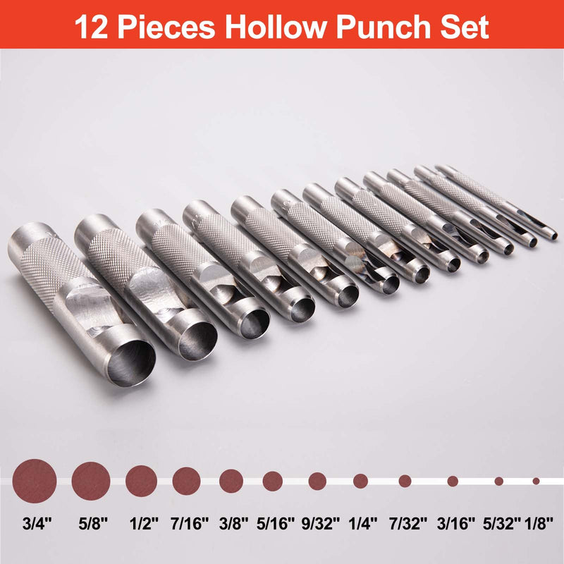 Spurtar 12 PCS Steel Hollow Leather Punch Set 1/8''-3/4''(3-19mm) Heavy Duty Round Hole Punch Set Leather Hole Tool for Watch Cloth Belt Gaskets w/Storage Bag Silver 12pcs