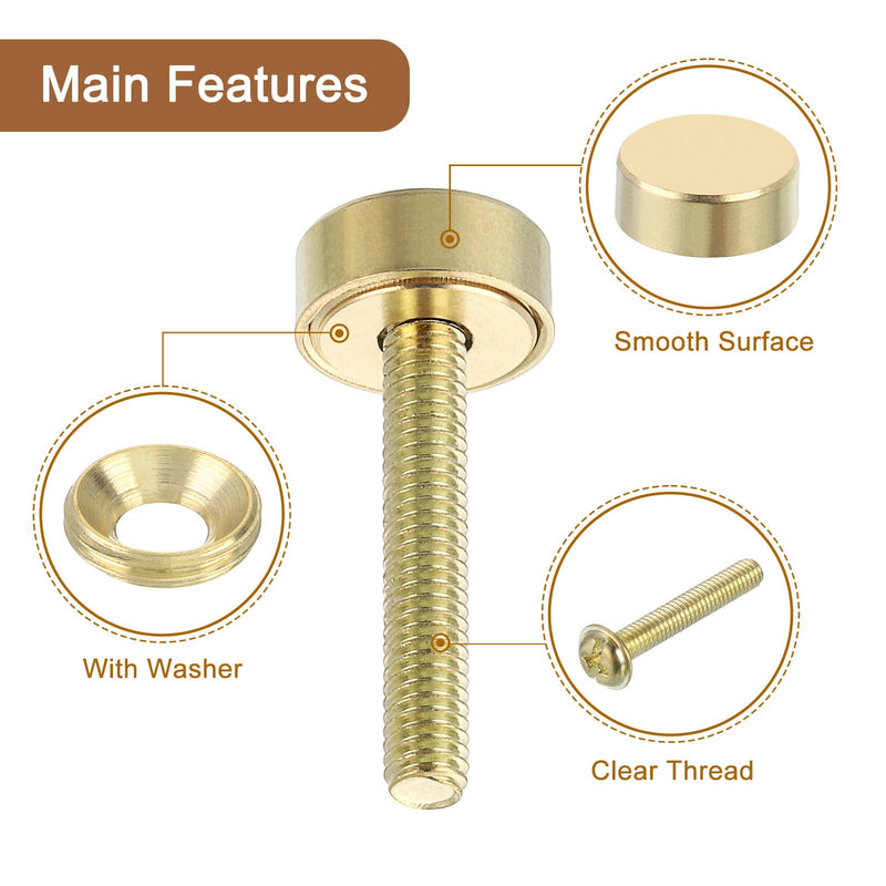 uxcell 4Pcs Brass Decorative Screws with Caps, 12 mm Mirror Screws Cap Cover Nails Fasteners for Decorative Mirror Furniture, Gold