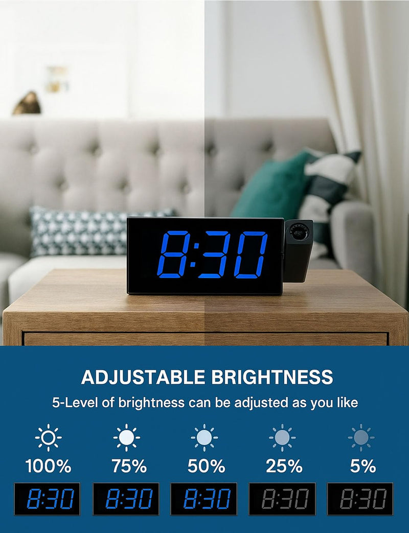 OnLyee Projection Alarm Clock for Bedroom, LED Digital on Ceiling Wall with USB Phone Charging, Battery Backup, 180° Rotatable Projector & Dimmer, 12/24H, DST, Snooze, Dual Loud Bedside Heavy Sleeper Black