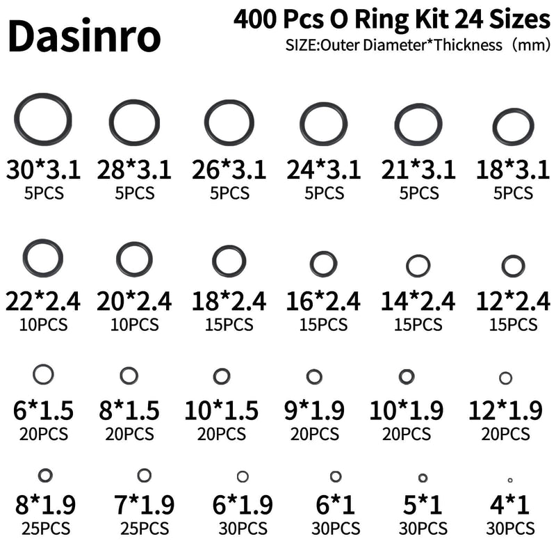 400 Pcs Rubber O-Rings Assortment Kit, 24 Sizes O Rings Assortment Rubber O-Ring Sealing Seal Assortment Set for Faucet, Hose, Automotive Repair, Plumbing, Gas, O Rings Kit