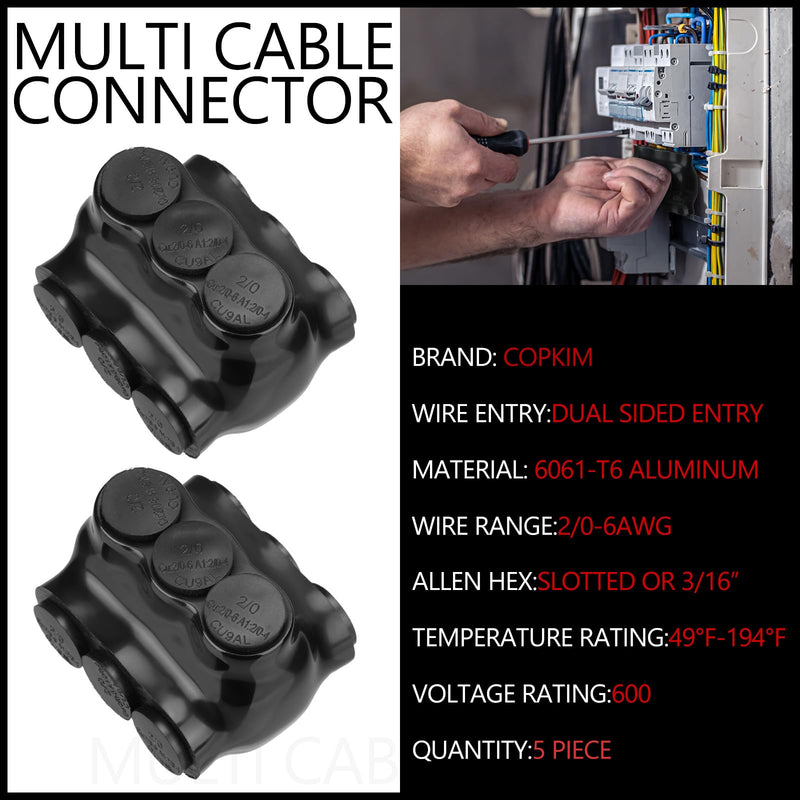 5 Pack Black Multi Cable Connector Insulated Multi Tap Connector 3 Wire Port Splice Dual Sided Entry Prefilled with Oxide Inhibitor (2/0-6awg) 5 2/0-6AWG