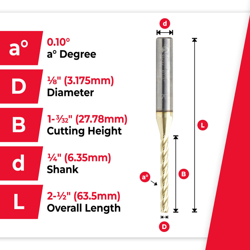 Amana Tool CNC Router Bits for 2D/3D Carving Flat Bottom, ZrN Coated, 46292, 0.10 Deg Angle x 1/8 Dia x 1-3/32 x 1/4 Shank x 2-1/2 Inch Long x 4 Flute