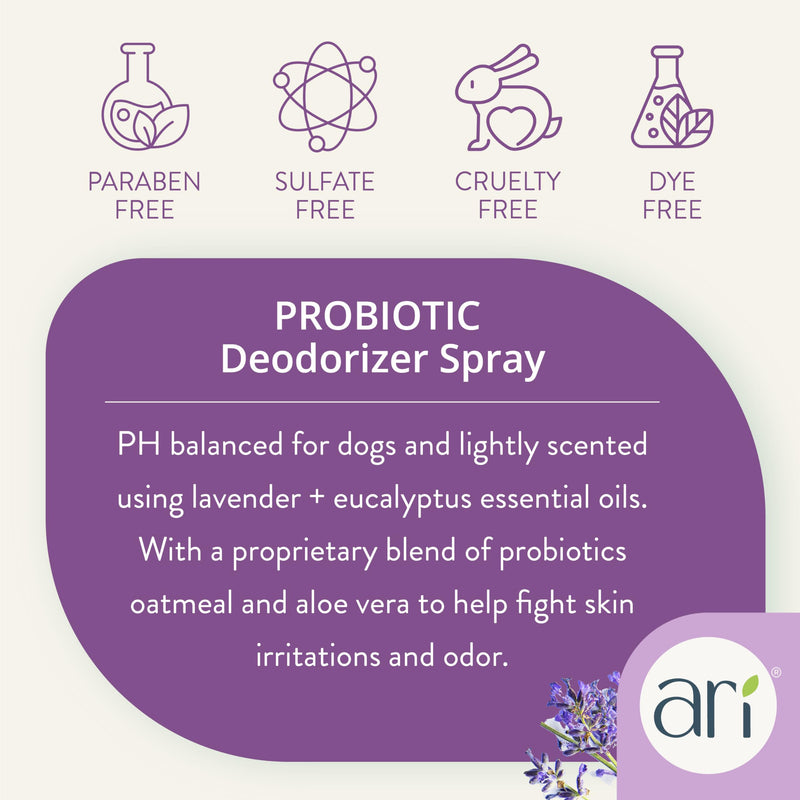 Ari Probiotic Deodorizer Spray for Dogs (8 oz) – Lavender & Eucalyptus Scent – pH-Balanced, Long-Lasting Freshness, Sulfate-Free, Gentle for All Breeds - PawsPlanet Australia