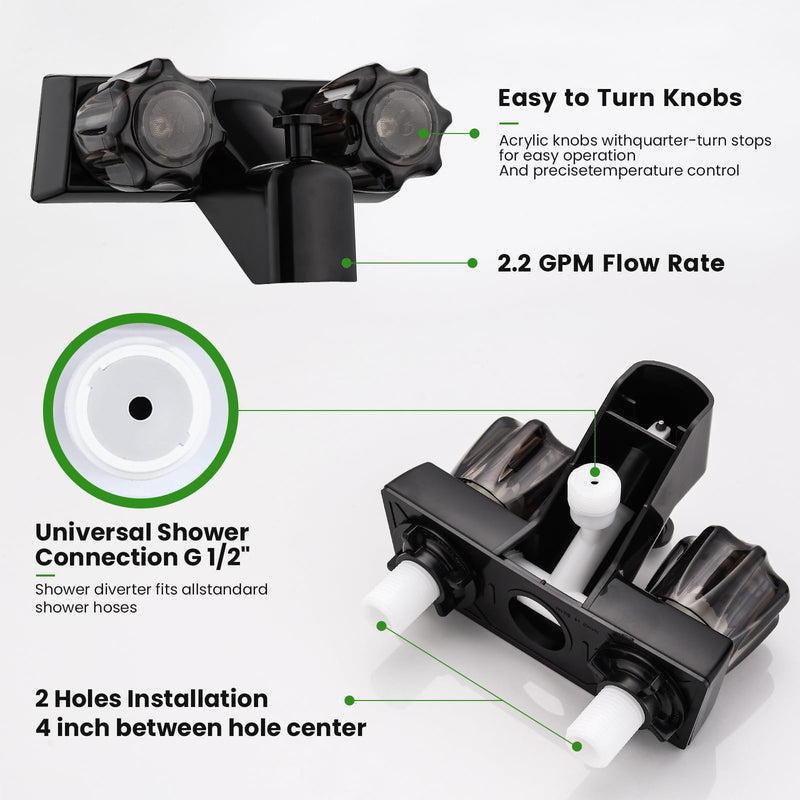 RV Shower Faucet, RV Bathtub Faucet with Shower Diverter, 4” Shower Valve Diverter Assembly Kit, Camper Shower Faucet, RV Shower Valve for RV Camper Van Travel Trailer Motorhome (Black) Black