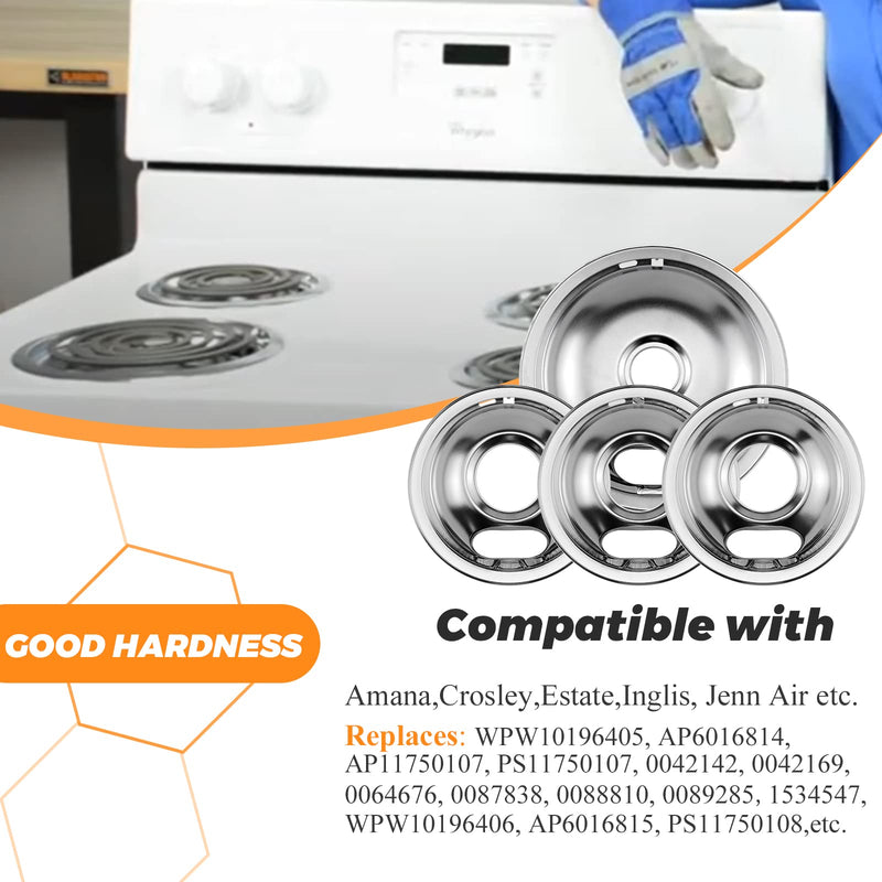 W10196405 W10196406 Chrome Drip Pans Kit by Blutoget -Compatible for Whirlpool Electric Range Burner -Replaces 0089285 0091813 0304979 0310228 -Includes an 8-Inch and 3 6-Inch Electric Stove Drip Pans