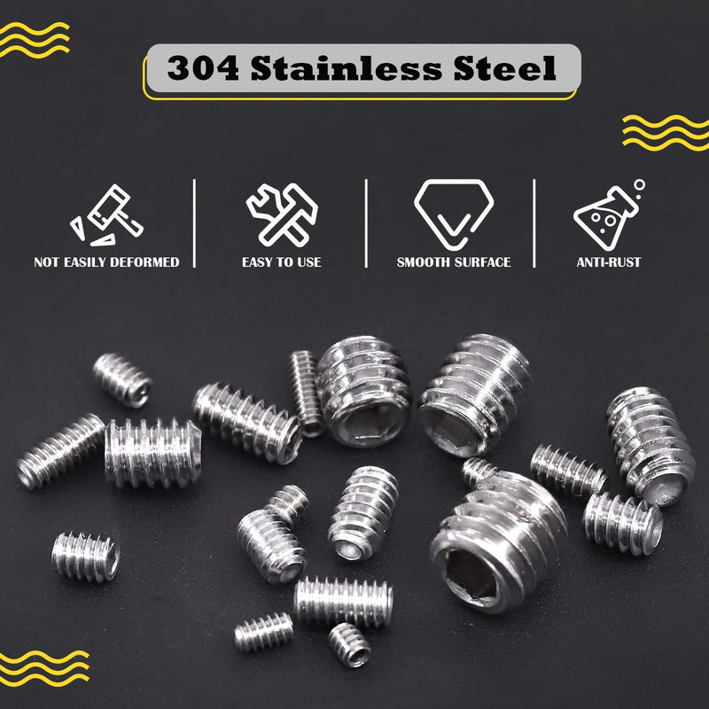 Hilitchi 240Pcs 19Sizes SAE Stainless Hex Allen Head Socket Set Screws Grub Screw Bolts Assortment Kit Internal Hex Drive Cup-Point Screws with 7 Hex Wrenches Silver - SAE - 240pcs