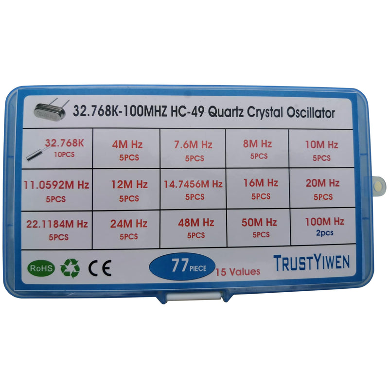 15 Values 77 Pcs HC-49 Quartz Crystal Oscillator 32.768K 4 MHz, 7.6 MHz, 8 MHz, 10 MHz, 11.0592 MHz, 12 MHz,14.7456MHZ, 16 MHz, 20 MHz, 22.1184 MHz,24 MHz,48 MHz,50 MHz,100 MHz Assortment Kit