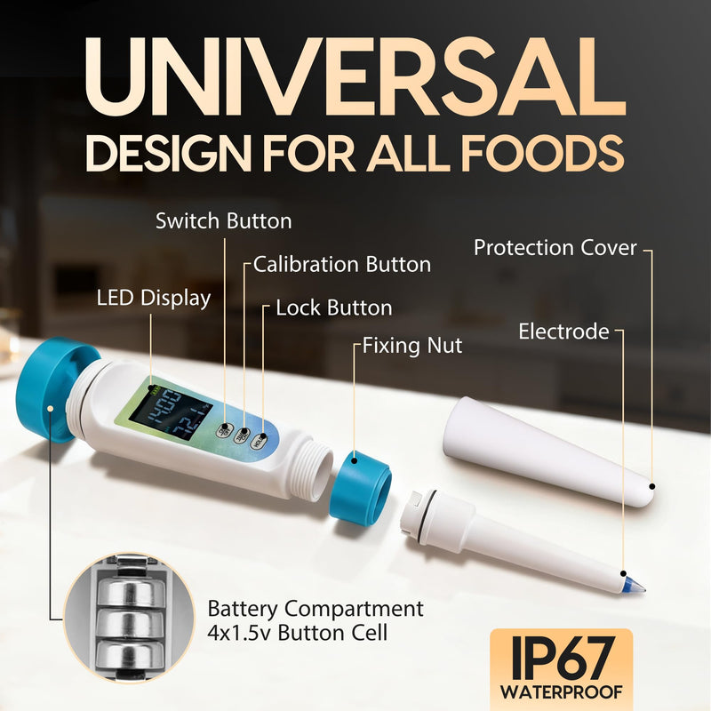 Digital pH Meter for Food Testing - Sourdough, Fermentation, Cheese & Canning - Solid Food Probe with Calibration Powder - Professional pH Tester for Home Cooks & Bakers (0.00-14.00)