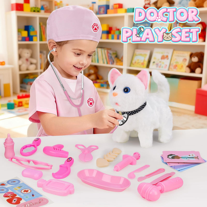 Doctor Kit for Girls, 27 Pcs Veterinarian Playset with Walking Cat Toy, Carrying Bag, Stethoscope & Dress Up Costume, Pretend Play Gift for Kids Toddlers Ages 3 4 5 6 Year Old B-Pink with Cat Toy