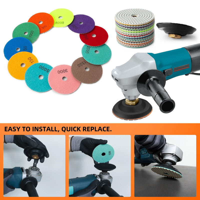 13 Packs 4 Inch Diamond Polishing Pads with 5/8’’-11 Backer Pad 12PCS Wet/Dry Polish Pad Kit for Drill Grinder Polisher 50-8000 Grit Pads for Granite Marble Concrete Stone Countertop Quartz Polishing 13