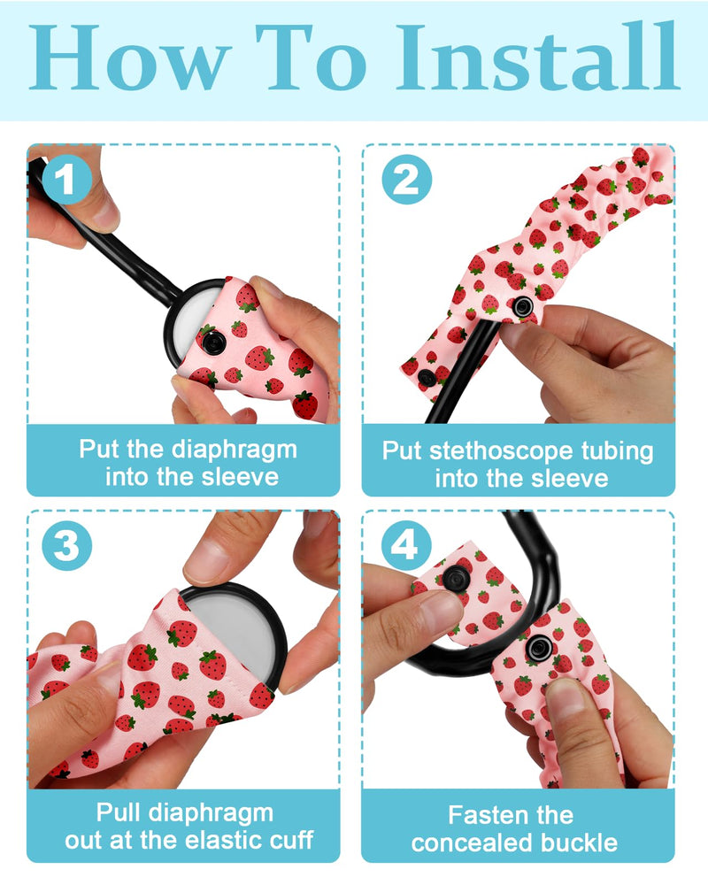 Plifal Elastic Stethoscope Cover Sleeve for Nurse Doctors Cuff Accessories - Cute Strawberry Pleated Design, Fits Most Dual-head Removable & Single-head Stethoscopes, Comes with Diaphragms & Earplugs pink