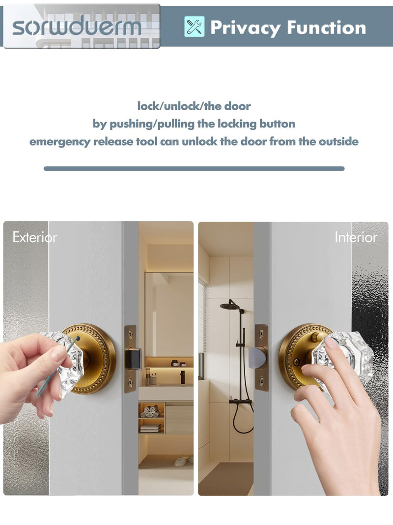 Antique Brass Door Knobs Crystal Door Knob Interior Privacy Door Knob for Bedroom and Bathroom Glass Door Knob,Zinc Alloy 1 Pack Antique Brass-Privacy