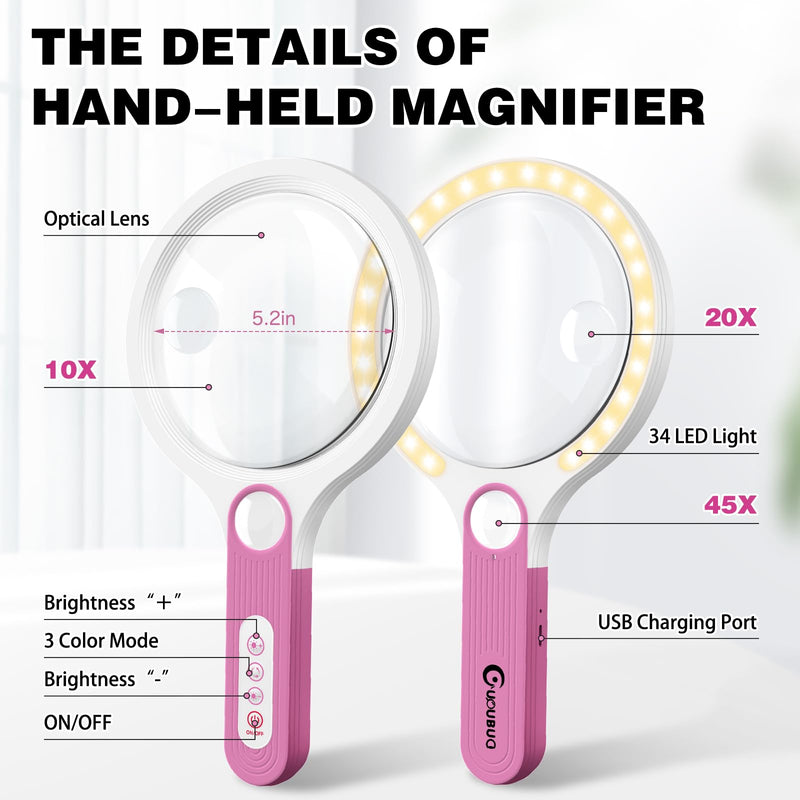 Rechargeable Large 5.2'' Magnifying Glass with Light, 10X 20X 45X Handheld Magnifying Glasses for Reading, 3 Lighted Modes Non-Slip Handle Magnifier for Seniors Close Work Coins Jewelry Hobby