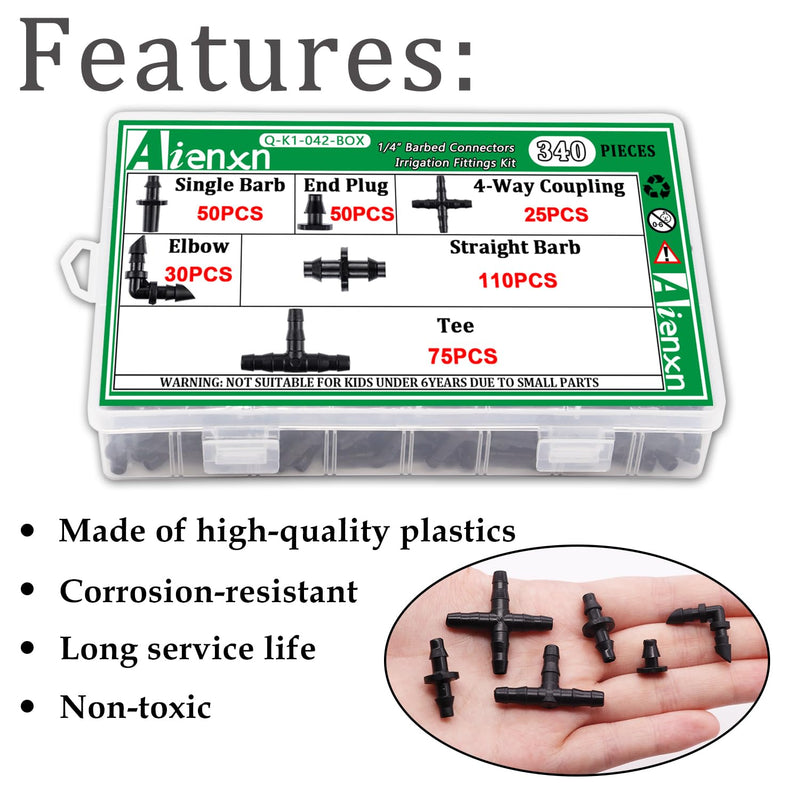 340PCS 1/4" Drip Irrigation Kit Barbed Connectors, Straight Barb, Tee, Single Barb, End Plug, Elbow, 4 Way Coupling Irrigation Fittings for Garden Lawn Flower Pot 340pcs