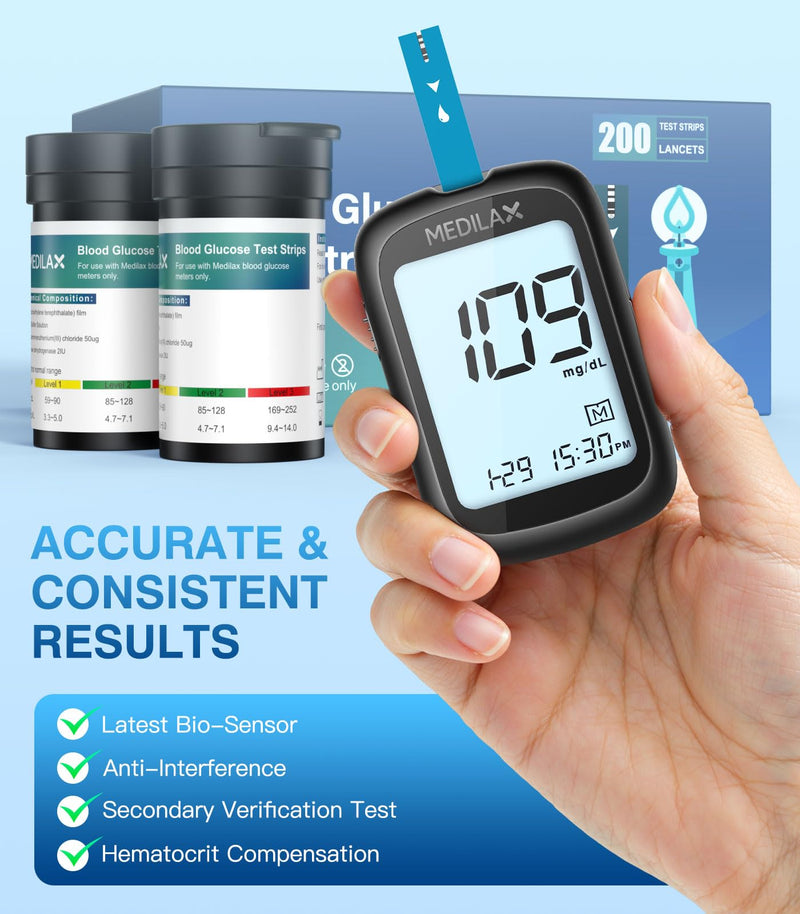 Medilax Blood Glucose Test Strips, Only for Medilax Blood Glucose Monitor | 200 Counts Blood Sugar Test Strips + 200 Counts Lancets, Testing Kit for Diabetes, High Accuracy & Fast Results