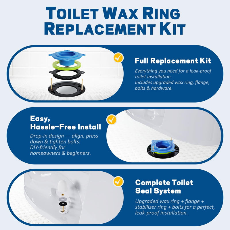 NEEXAN Toilet Wax Ring Replacement Kit with Brass Bolts and Caps, Fits 3-4 | Elastic Wax, Seals Toilet Base, For Standard Bathrooms, Includes Bolt Caps. Blue