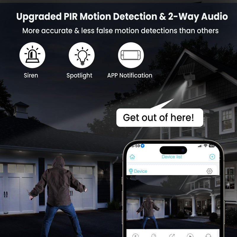 4G LTE Security Cameras Wireless Outdoor, 2K Solar Cellular Security Camera, No WiFi Security Camera, Off Grid With 360° Live View, Color Night Vision, PIR Motion Alerts, 2 Way Talk, Built-In SIM Card White 4G Cellular