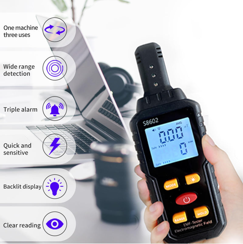 EMF Meter,3 in 1 Digital Electromagnetic Field Radiation Detector,S8602 EMF Detector,EMF Reader Tester,EMF Inspection,Ghost Hunting Equipment Kit for Home Office Outdoor