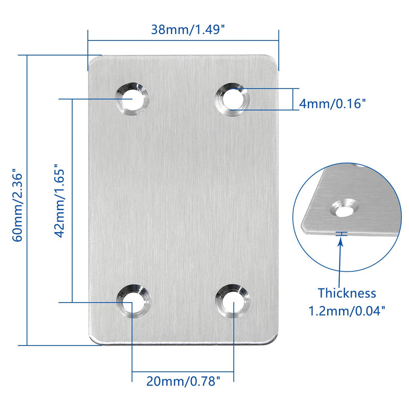 BokWin 12Pcs Flat Straight Mending Plates, 2.4" x 1.5" Mounting Bracket Plate, 0.05" Thickness Stainless Steel Straight Corner Brackets, Heavy Duty Flat Corner Brace for Furniture Repair with Screws 60x38mm/2.4"x1.5" (Silver) 12