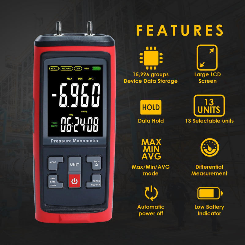 Manometer Data Logger Digital Manometer Gas Pressure Tester with ±200 inH2O Measuring Range, Differential Pressure Gauge 13 Selectable Units Manometer HVAC with Large LCD Screen