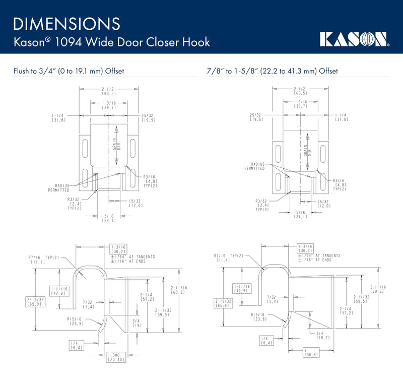 Kason 1094 SureClose Adjustable Wide-Hook, Flush to 3/4 Inch Offset, 11094000026 Hook: Flush to 3/4 Inch