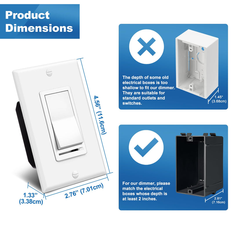 BESTTEN 2 Pack Dimmer Light Switch, Universal Lighting Control, Single Pole or 3 Way, Compatible with LED Dimmable Lamp, CFL, Incandescent, Halogen Bulb, Decorator Wallplate Included, White Standard