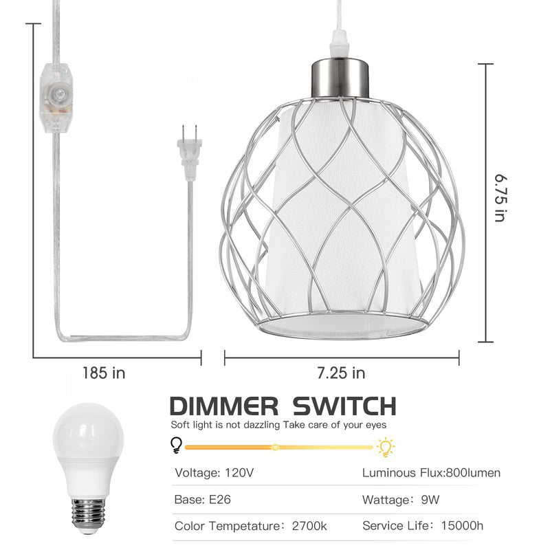 Plug in Pendant Light,Hanging Light with Plug in Cord,Silver Hanging Lamp with Dimmable Switch,15 ft Clear Cord,Hanging Light Fixture for Kitchen Island Living Room Bedroom (Bulb Included) Silver