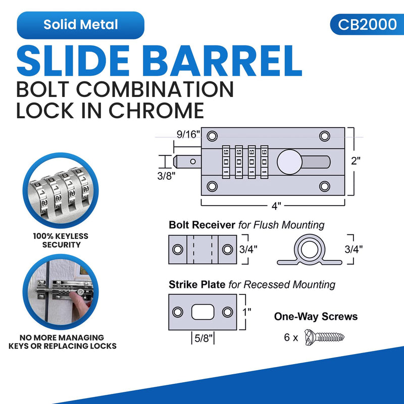 CB2000-CHR Sliding Lock Combination Bolt, Chrome 1PK