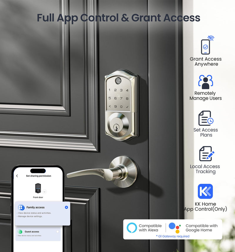 Veise VE017 Fingerprint Smart Door Lock, App Control, 7-in-1 Keyless Entry, Auto Lock, Emergency Power Port, Electronic Touchscreen Keypad, Biometric Smart Locks for Front Door, Satin Nickel