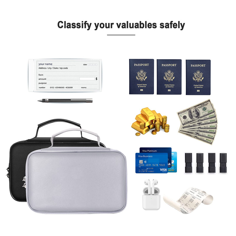 ENGPOW Small Fireproof Bag with Lock,Fireproof Soft Money Organizer Case (9x 5.3 x 3.7 inches),3-Layer Cash Safe Coin Organizer Bag Set Storage for Valuables-Currency,Keys,Card,Passport(2 Pack) Black and Silver