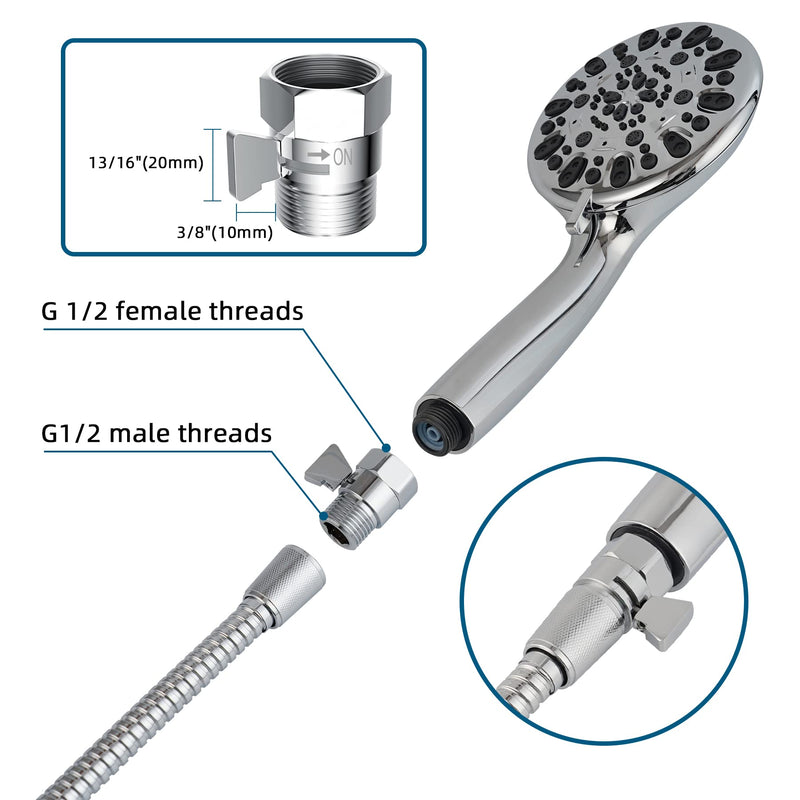 All Metal Shower Head Flow Control Valve G1/2 Brass Shut-off Valve with Handle Lever Shower Head Valve Water Flow Control Valve Regulator Shut OFF Valve for Hand Shower,Bidet Sprayer-Polished Chrome