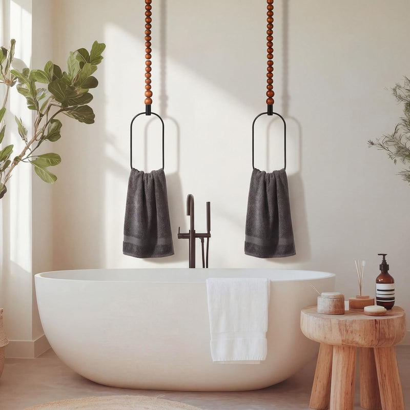 LemonRoad 2 Pcs Boho Towel Ring Holder Rustic Wooden Bead Hand Towel Holder Wall Mounted Bathroom Accessories Farmhouse Decor for Bathroom Wall 22 Inch