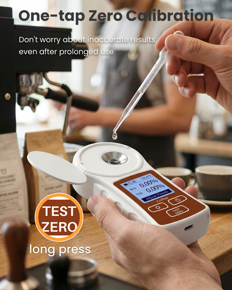 Professional Coffee Refractometer with ATC for Coffee Enthusiasts | Measure Coffee TDS & Brix, One-tap Calibration, Anti-Glare Interference, Rechargeable, Backlight, ℉/℃ Switch (0-22%, 0.2%) Brown