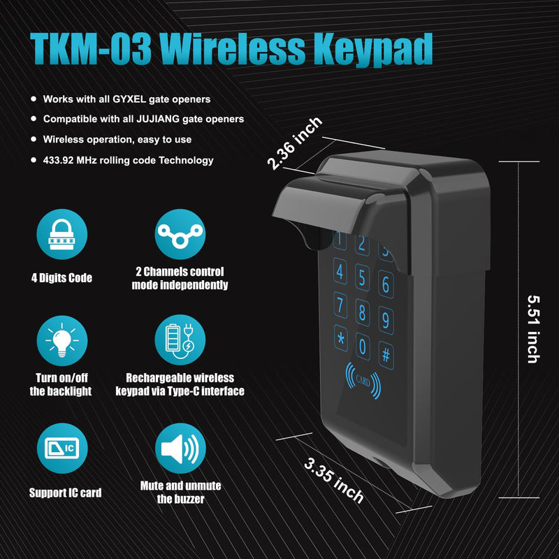 TKM-03 Wireless Touch Panel Gate Keypad with Outdoor Keypad Cover Digital Code Entry Access Control for GYXEL & JUJIANG Automatic Swing Gate Opener Operator Accessories