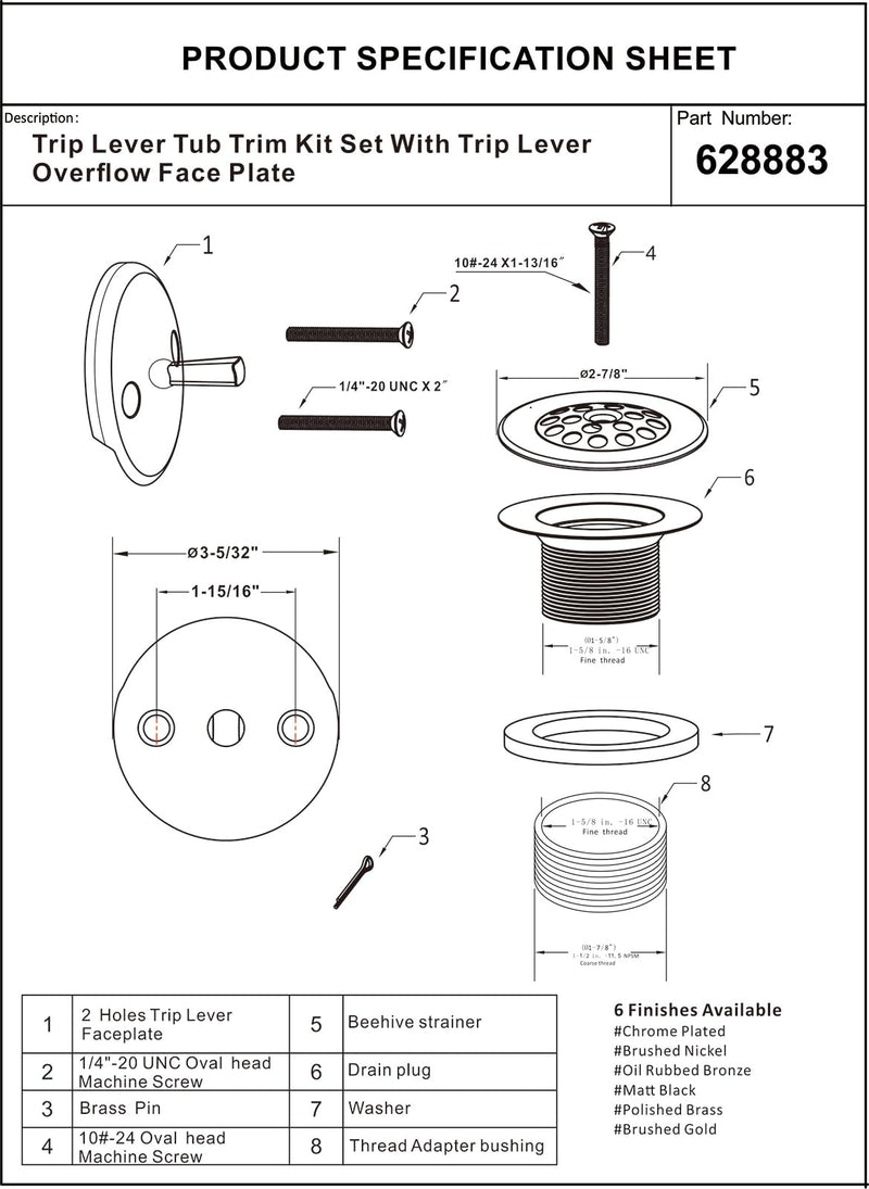 Artiwell Trip Lever Tub Trim Kit Set With Trip Lever Overflow Face Plate, Trip Lever Bathtub Drain with Strainer, Overflow and Matching Screws (BRUSHED NICKEL) Brushed Nickel